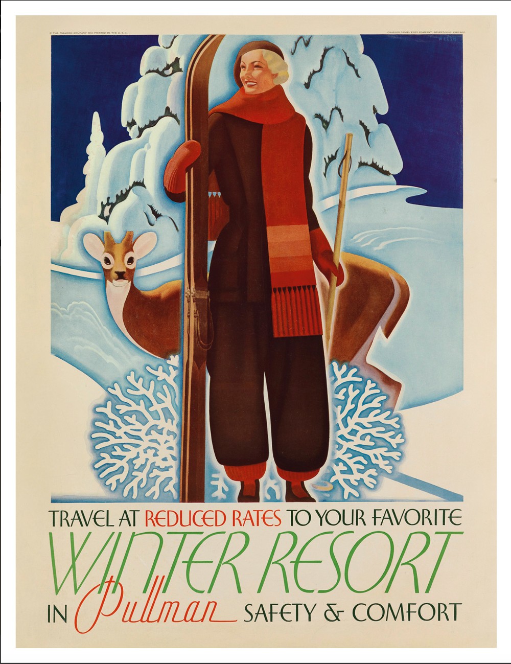 Travel At Reduced Rates To Your Favorite Winter Resort In Pullman. Circa 1935. By William Welsh (1899-1984).
